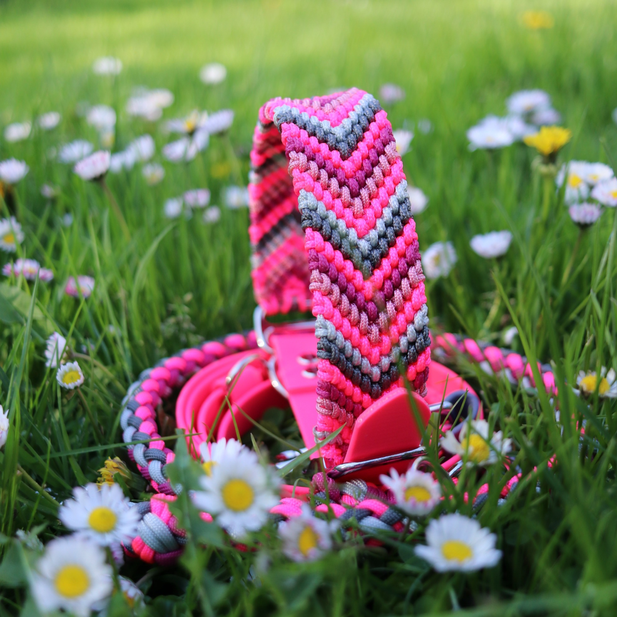 Paracordhalsband "Freundschaft" in Neonpink und Grau