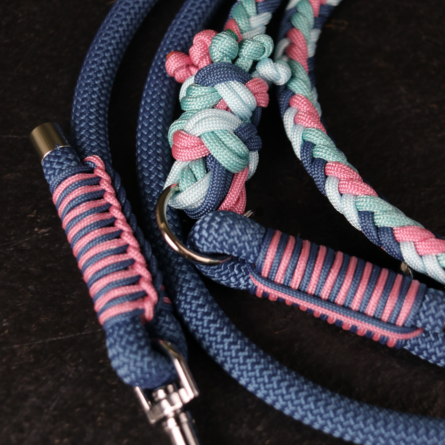 Paracord/ Tau Leine "Herringbone" in Petrol und Rosa