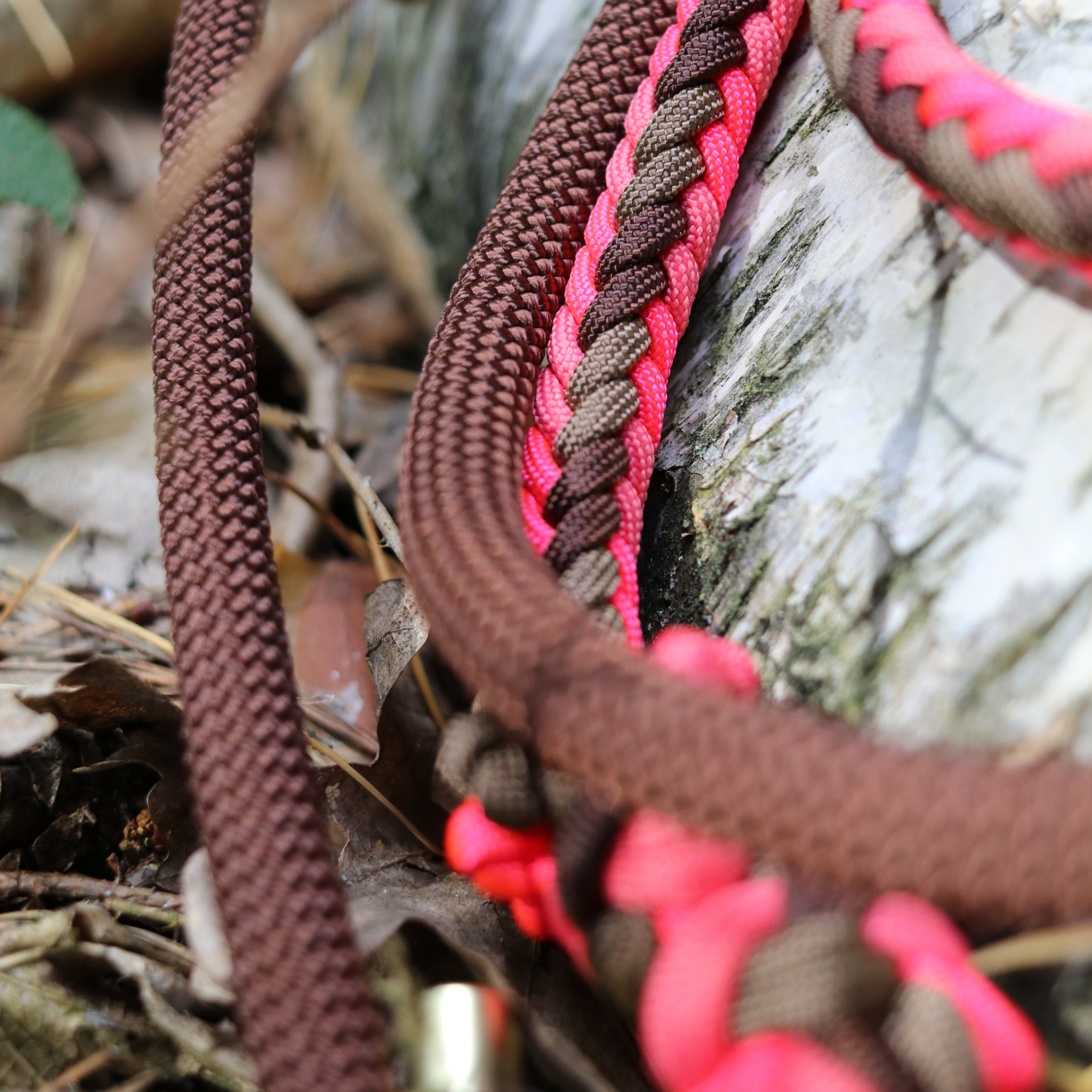 Paracord/Tau Leine "Herringbone" in Walnuss und Neon Pink