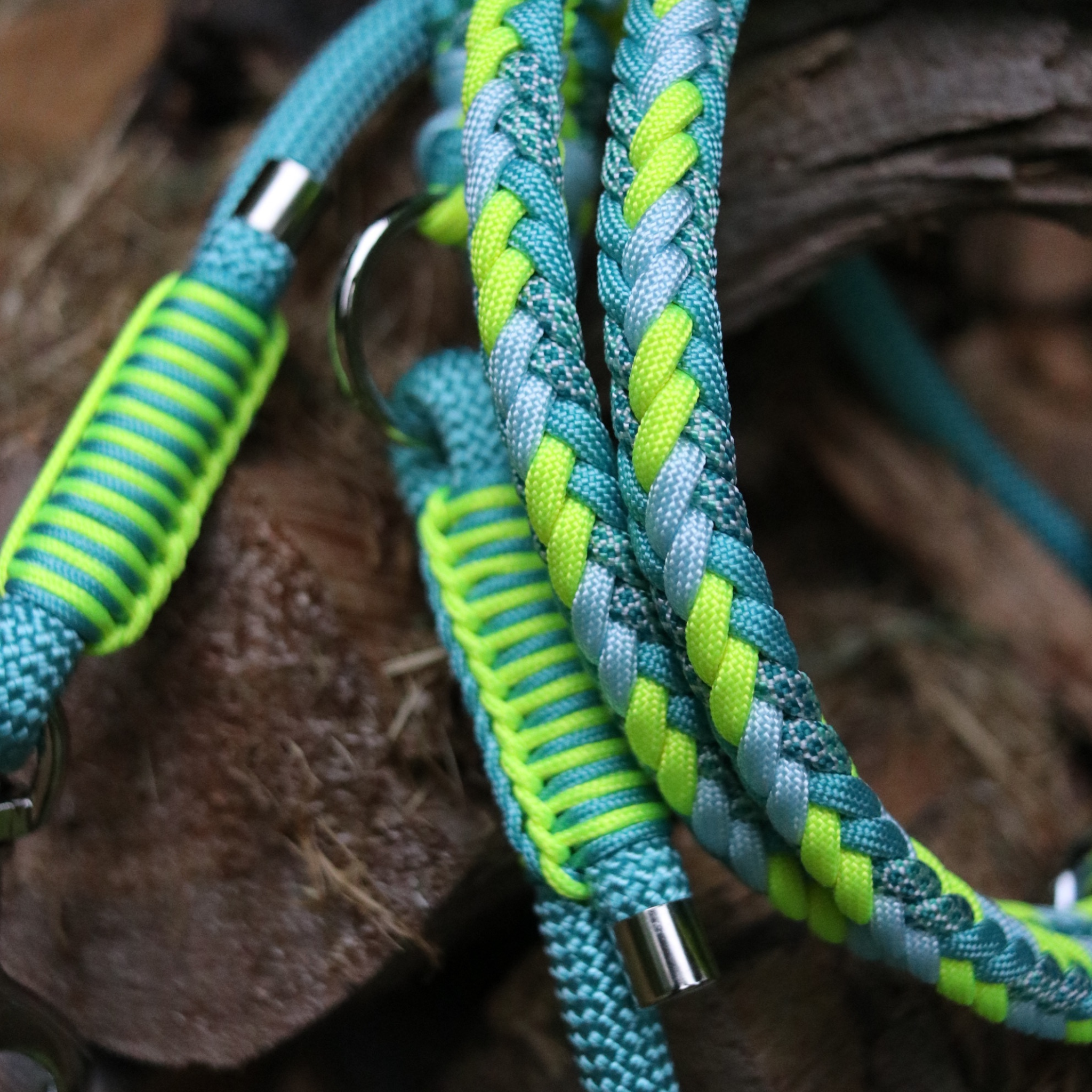 Paracord/Tau Leine "Herringbone" in Neon Gelb und Türkis